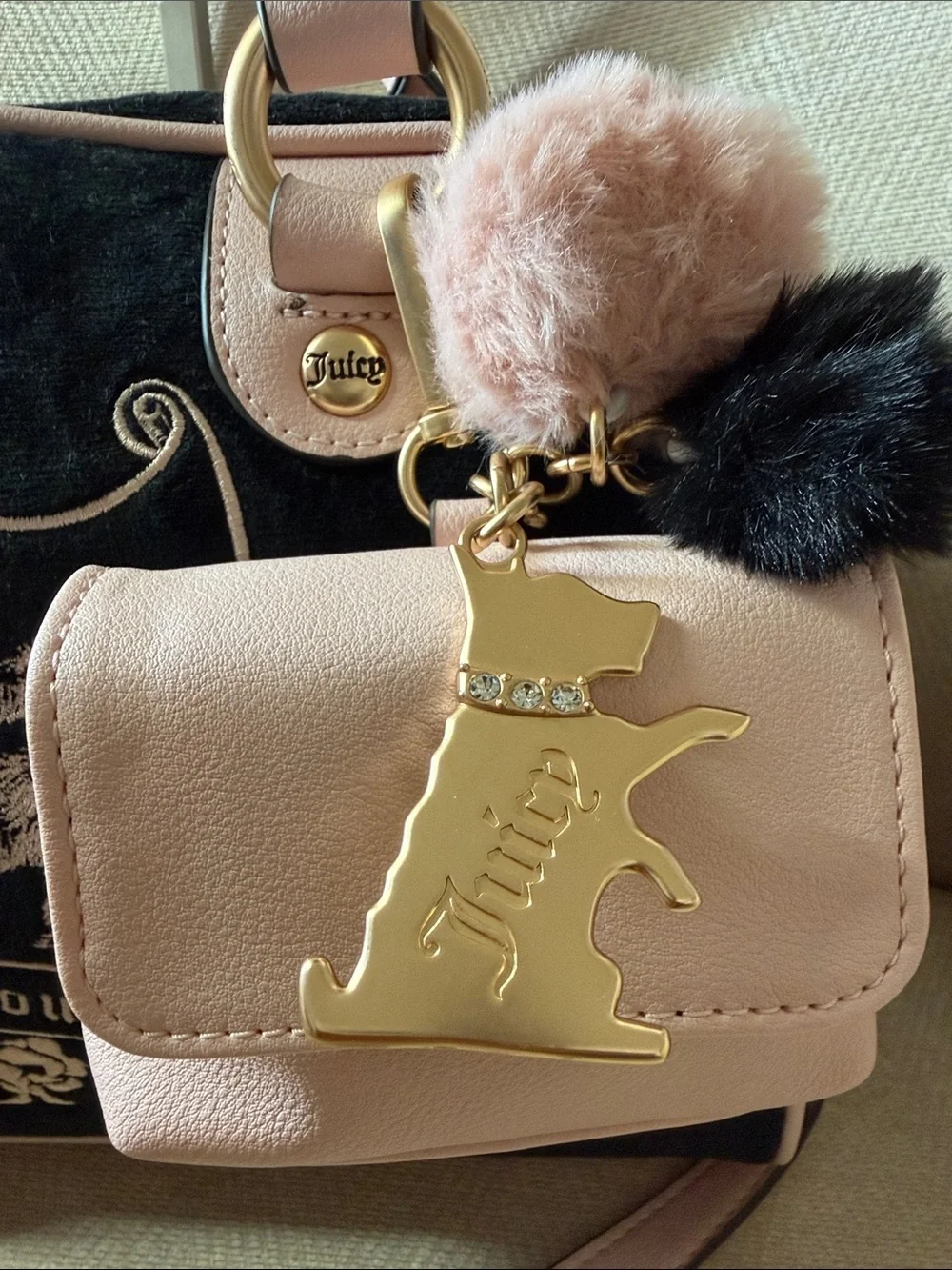 Juicy Couture Pink and Black Velvet Satchel with Detachable Pouch